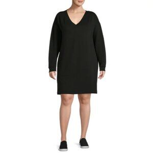Terra Sky 1X Women's Black Dress Soft Knit V Neck Long Sleeve Pockets Stretch